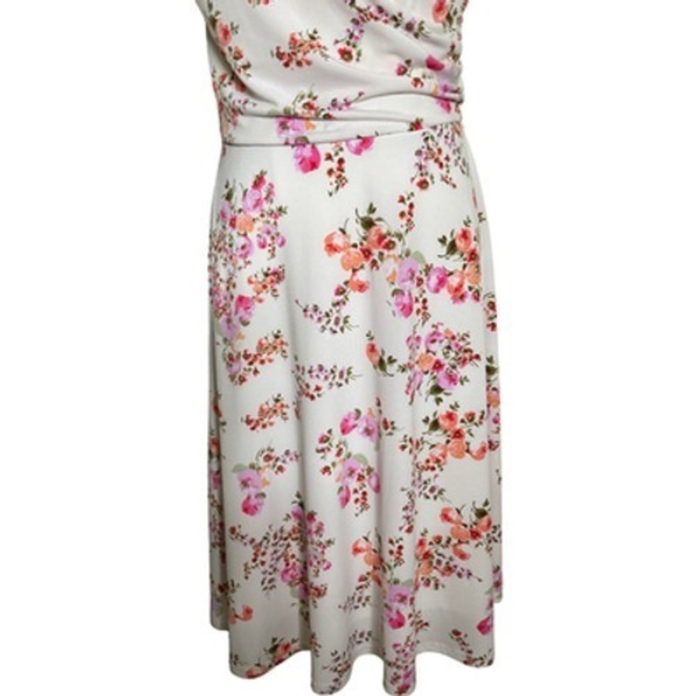 Kaileigh White Pink Floral Faux Wrap Sleeveless A-Line Midi Jersey Dress Size S - Picture 5 of 11